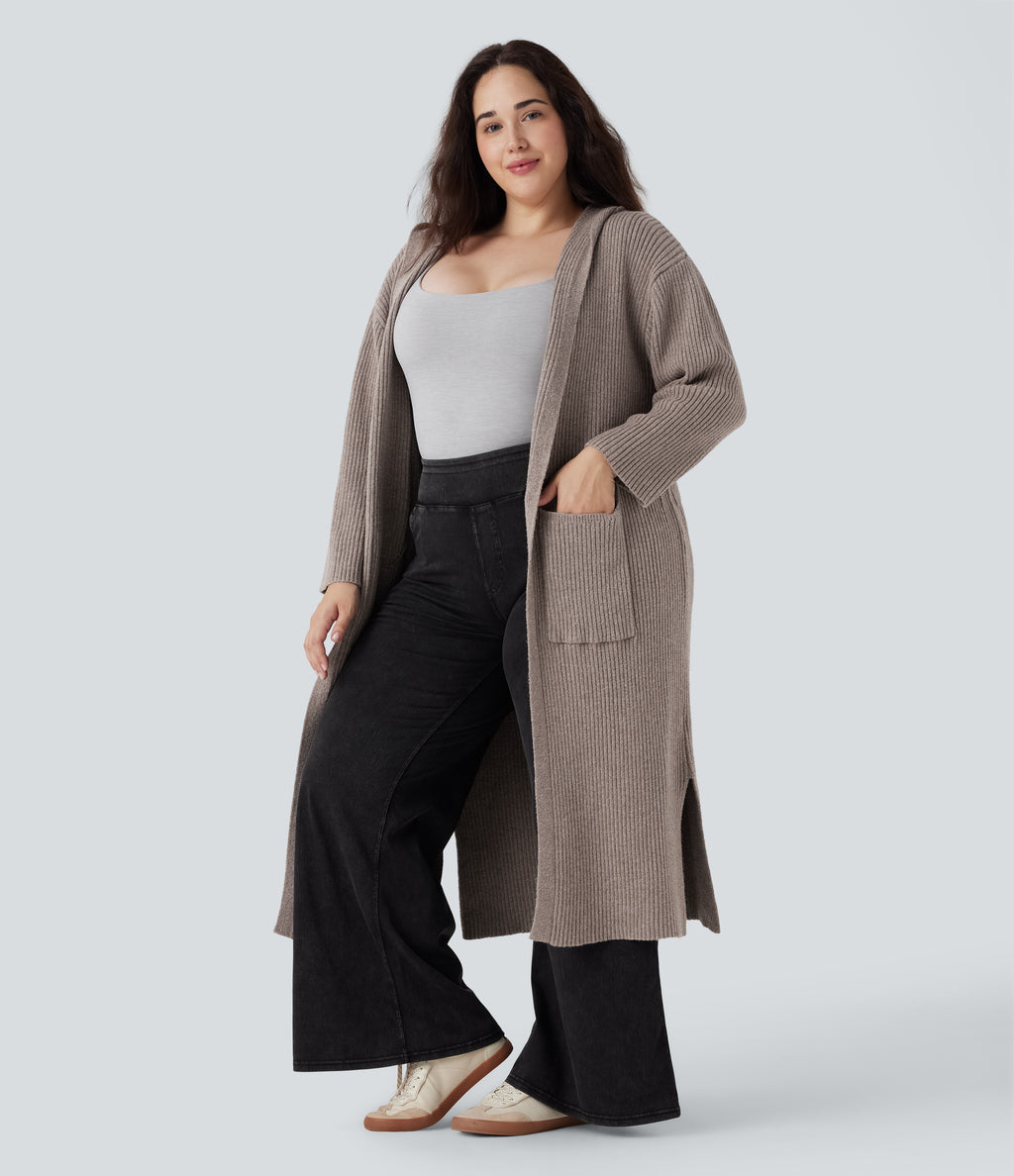 Hooded Long Sleeve Pocket Longline Casual Plus Size Cardigan — Mocha Meringue — view 3