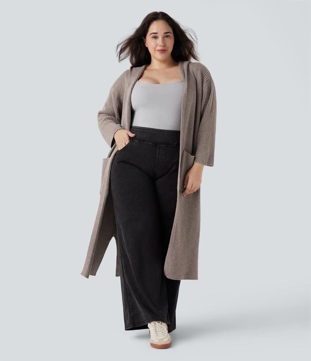 Hooded Long Sleeve Pocket Longline Casual Plus Size Cardigan — Mocha Meringue — view 1