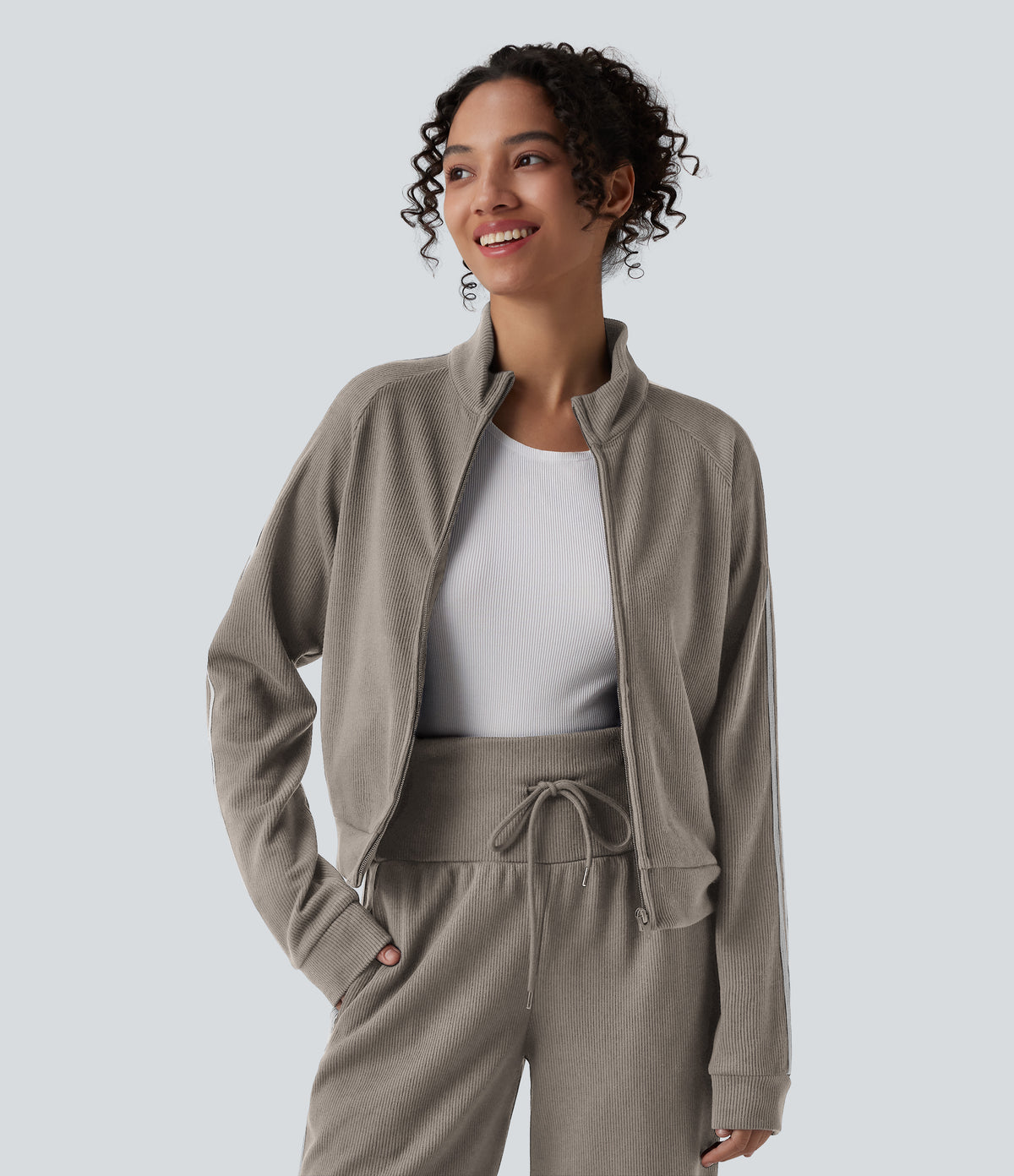Ribbed Stand Collar Long Sleeve Zipper Color Block Casual Jacket with Pockets — Earth Beige — view 1