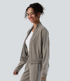 Ribbed Stand Collar Long Sleeve Zipper Color Block Casual Jacket with Pockets — Earth Beige — view 3