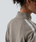 Ribbed Stand Collar Long Sleeve Zipper Color Block Casual Jacket with Pockets — Earth Beige — view 4