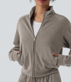 Ribbed Stand Collar Long Sleeve Zipper Color Block Casual Jacket with Pockets — Earth Beige — view 5