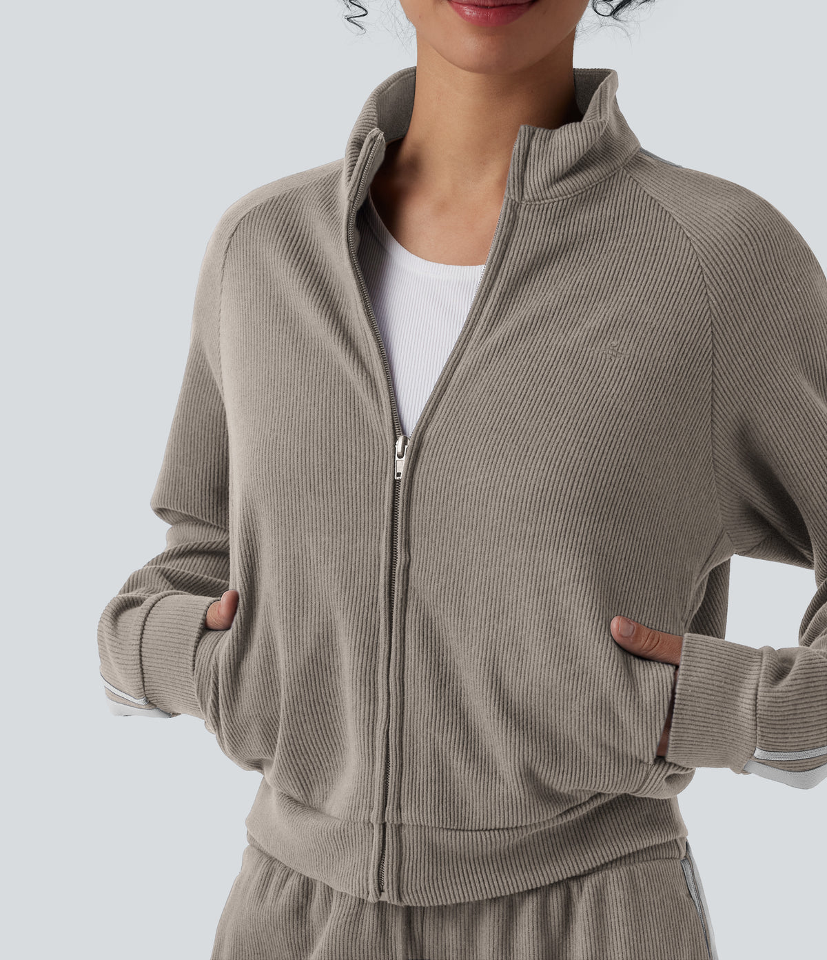 Ribbed Stand Collar Long Sleeve Zipper Color Block Casual Jacket with Pockets — Earth Beige — view 5