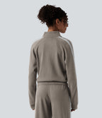 Ribbed Stand Collar Long Sleeve Zipper Color Block Casual Jacket with Pockets — Earth Beige — view 2