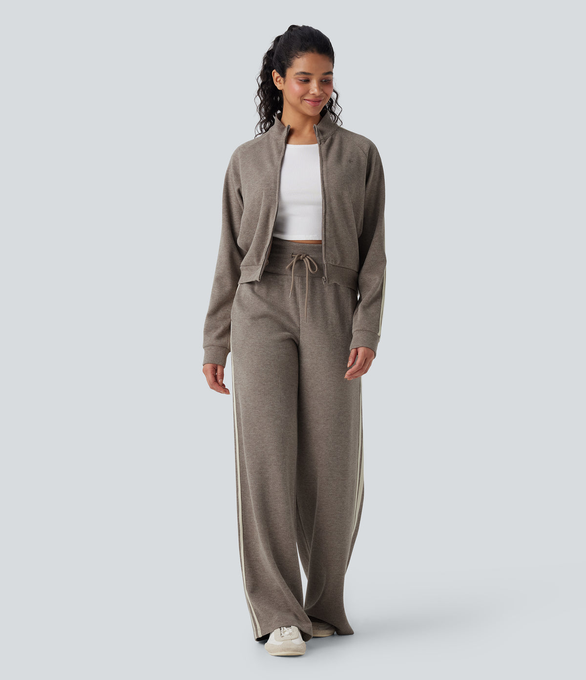 Ribbed High Waisted Tummy Control Drawstring Wide Leg Color Block Fleece Casual Trousers with Pockets — Taupe Stripe — view 5