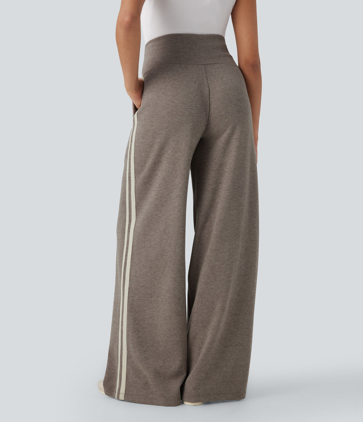 Ribbed High Waisted Tummy Control Drawstring Wide Leg Color Block Fleece Casual Trousers with Pockets — Taupe Stripe — view 2