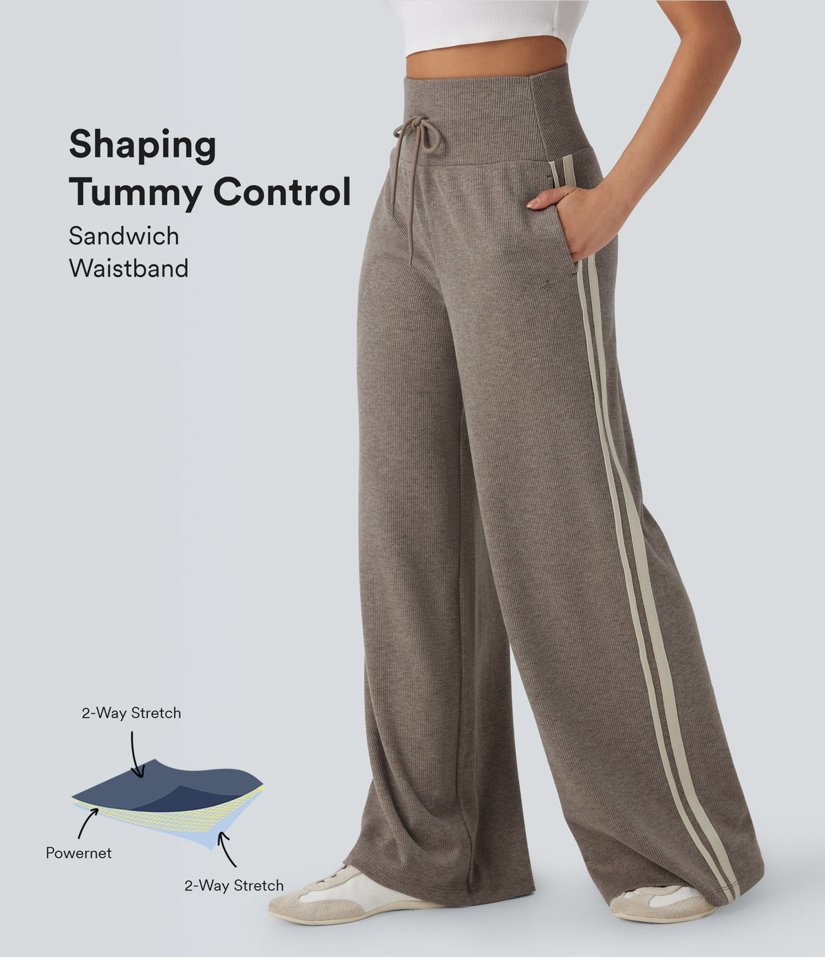 Ribbed High Waisted Tummy Control Drawstring Wide Leg Color Block Fleece Casual Trousers with Pockets — Taupe Stripe — view 1