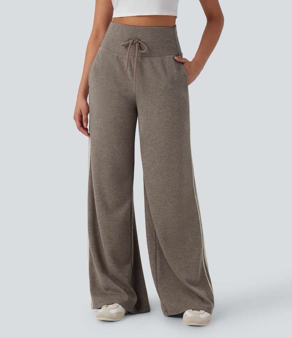 Ribbed High Waisted Tummy Control Drawstring Wide Leg Color Block Fleece Casual Trousers with Pockets — Taupe Stripe — view 3
