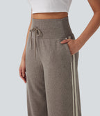 Ribbed High Waisted Tummy Control Drawstring Wide Leg Color Block Fleece Casual Trousers with Pockets — Taupe Stripe — view 4