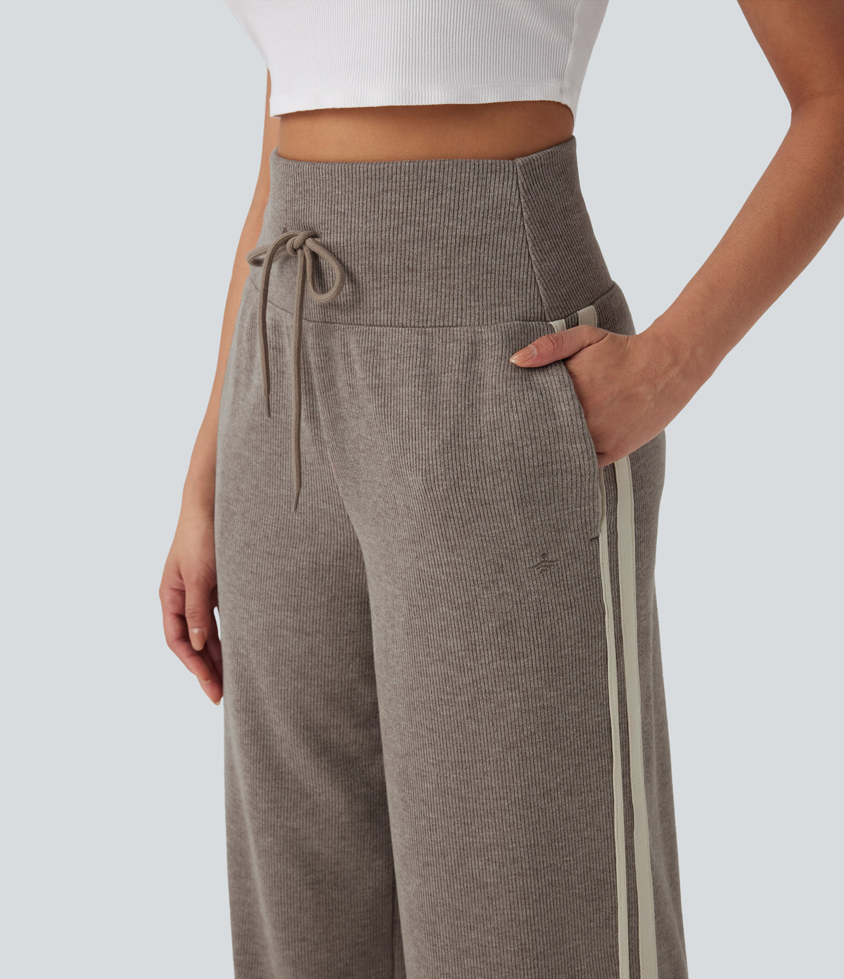 Ribbed High Waisted Tummy Control Drawstring Wide Leg Color Block Fleece Casual Trousers with Pockets — Taupe Stripe — view 4