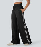 Ribbed High Waisted Tummy Control Drawstring Wide Leg Color Block Fleece Casual Trousers with Pockets — Black — view 6