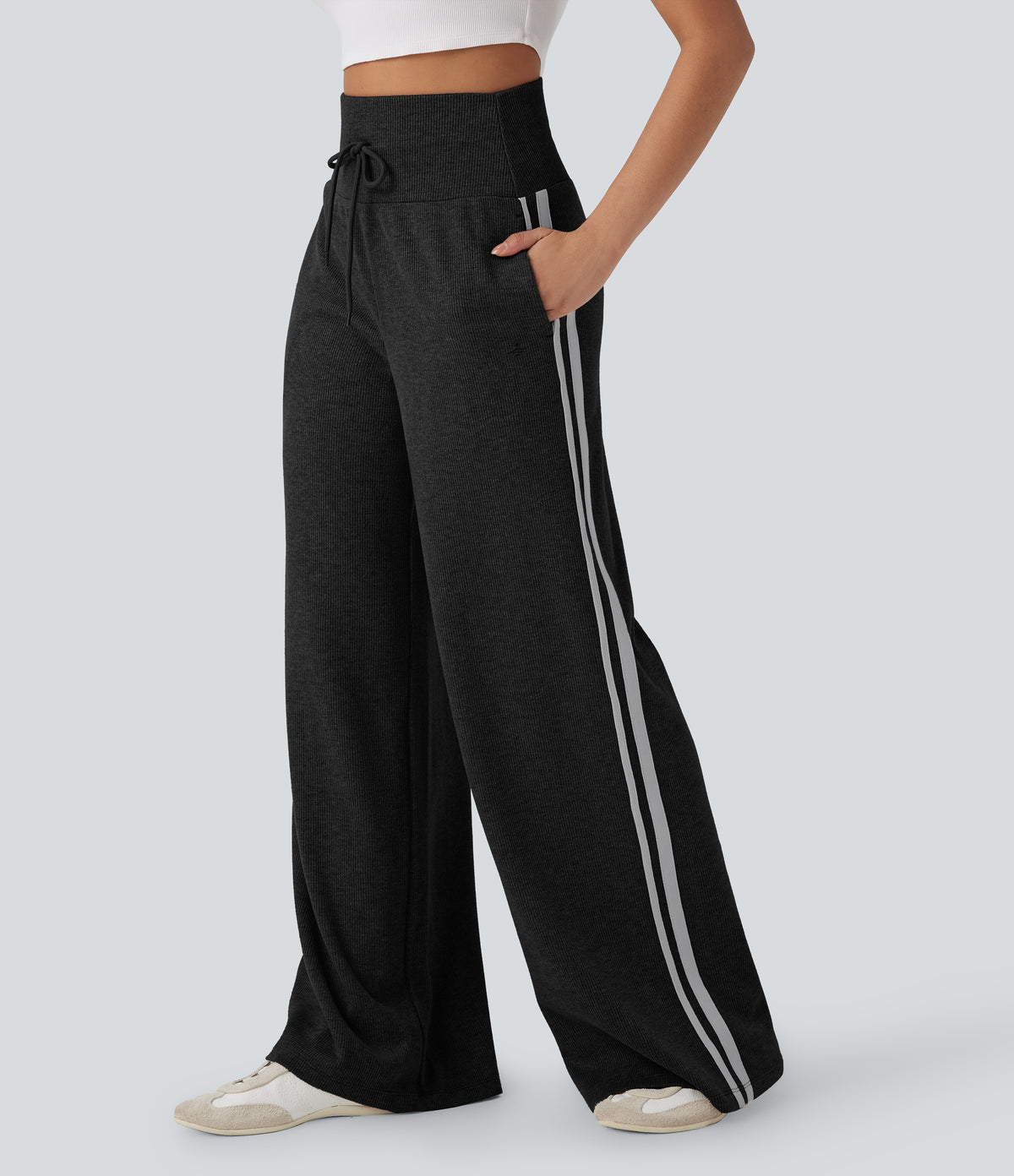 Ribbed High Waisted Tummy Control Drawstring Wide Leg Color Block Fleece Casual Trousers with Pockets — Black — view 6