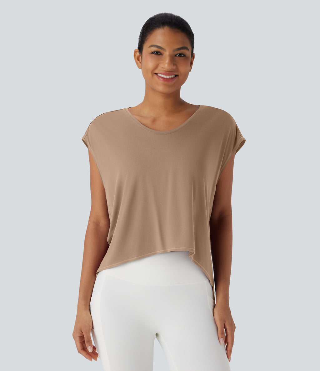 Crossover Backless Asymmetric High-Low Hem Running Sports Top — Praline — view 2