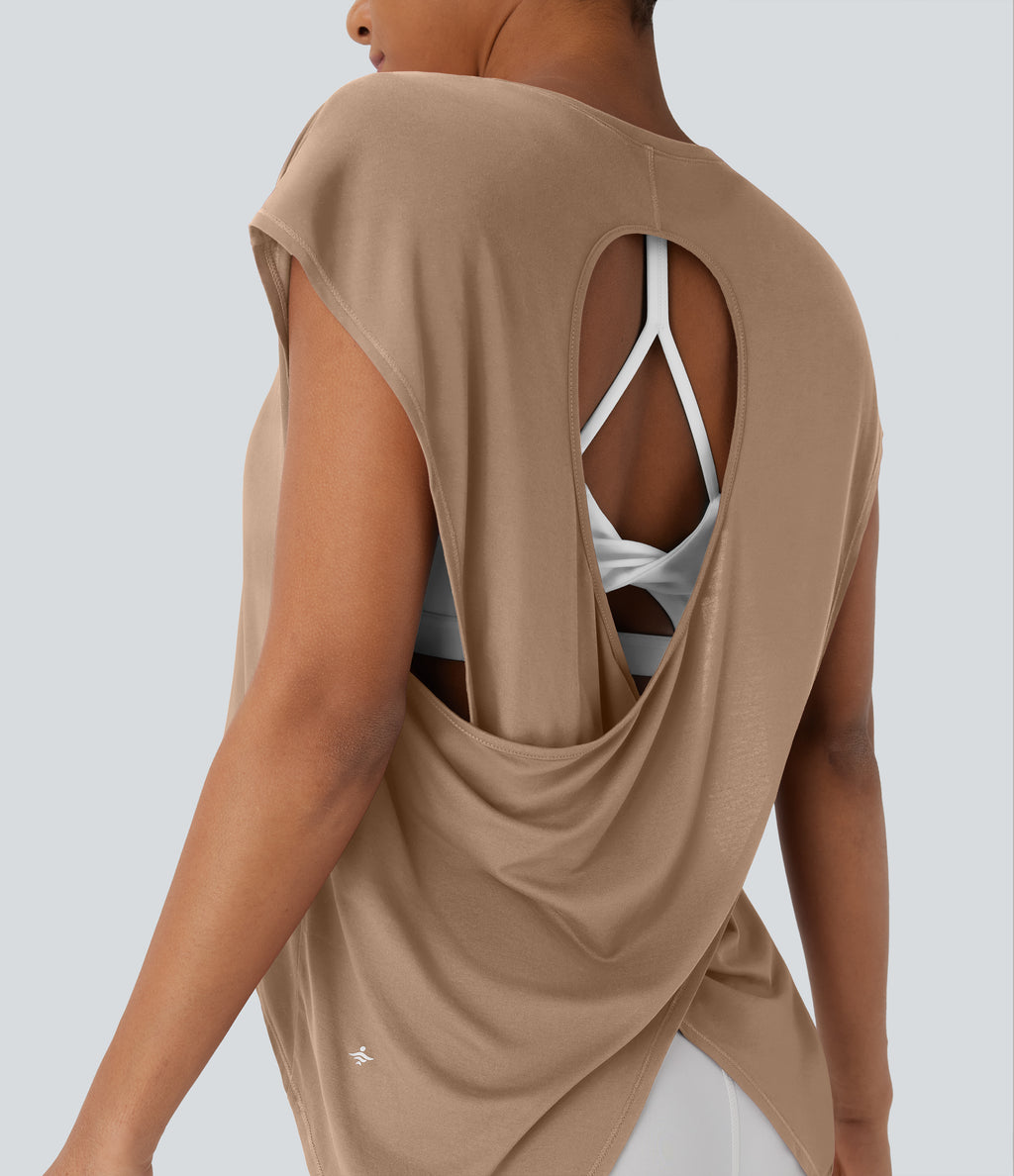 Crossover Backless Asymmetric High-Low Hem Running Sports Top — Praline — view 4
