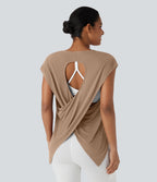 Crossover Backless Asymmetric High-Low Hem Running Sports Top — Praline — view 1