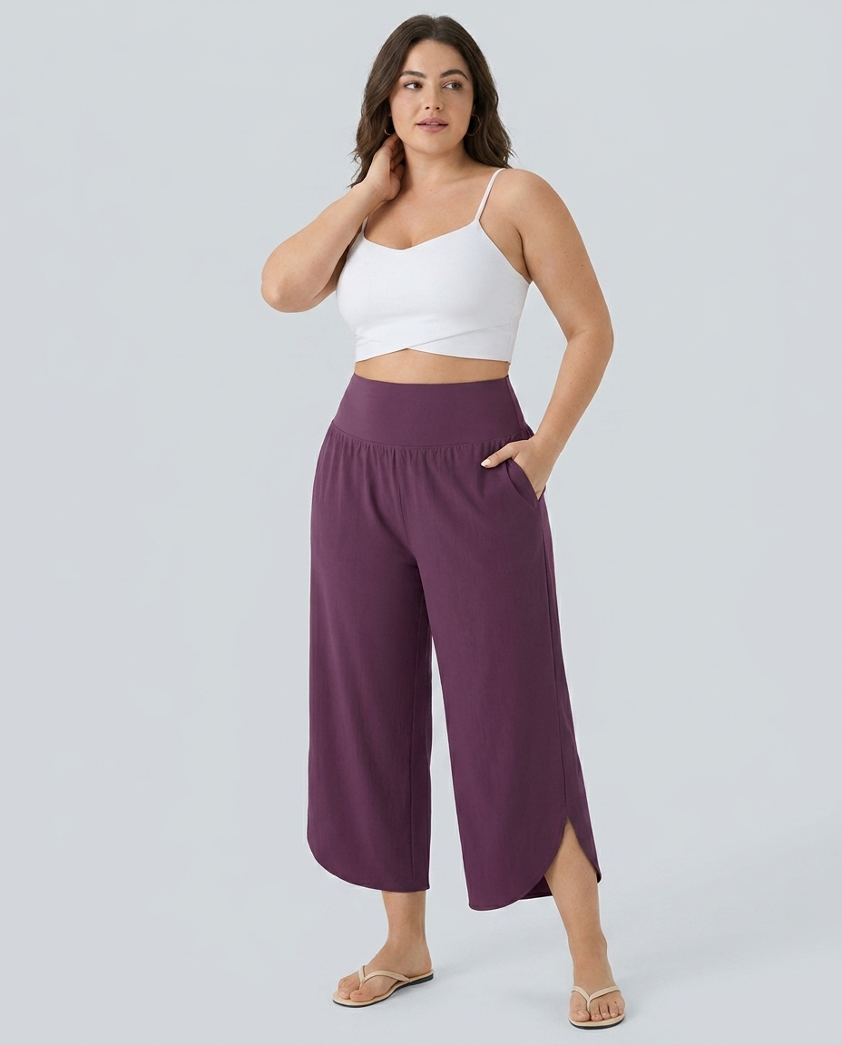 Plus Size High Waisted Tummy Control Hem Quick Dry Trousers with Pockets — Amaranth — view 2