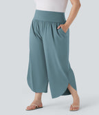 Plus Size High Waisted Tummy Control Hem Quick Dry Trousers with Pockets — Stone Blue — view 6