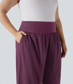 Plus Size High Waisted Tummy Control Hem Quick Dry Trousers with Pockets — Amaranth — view 3