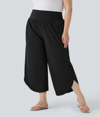 Plus Size High Waisted Tummy Control Hem Quick Dry Trousers with Pockets — Black — view 5