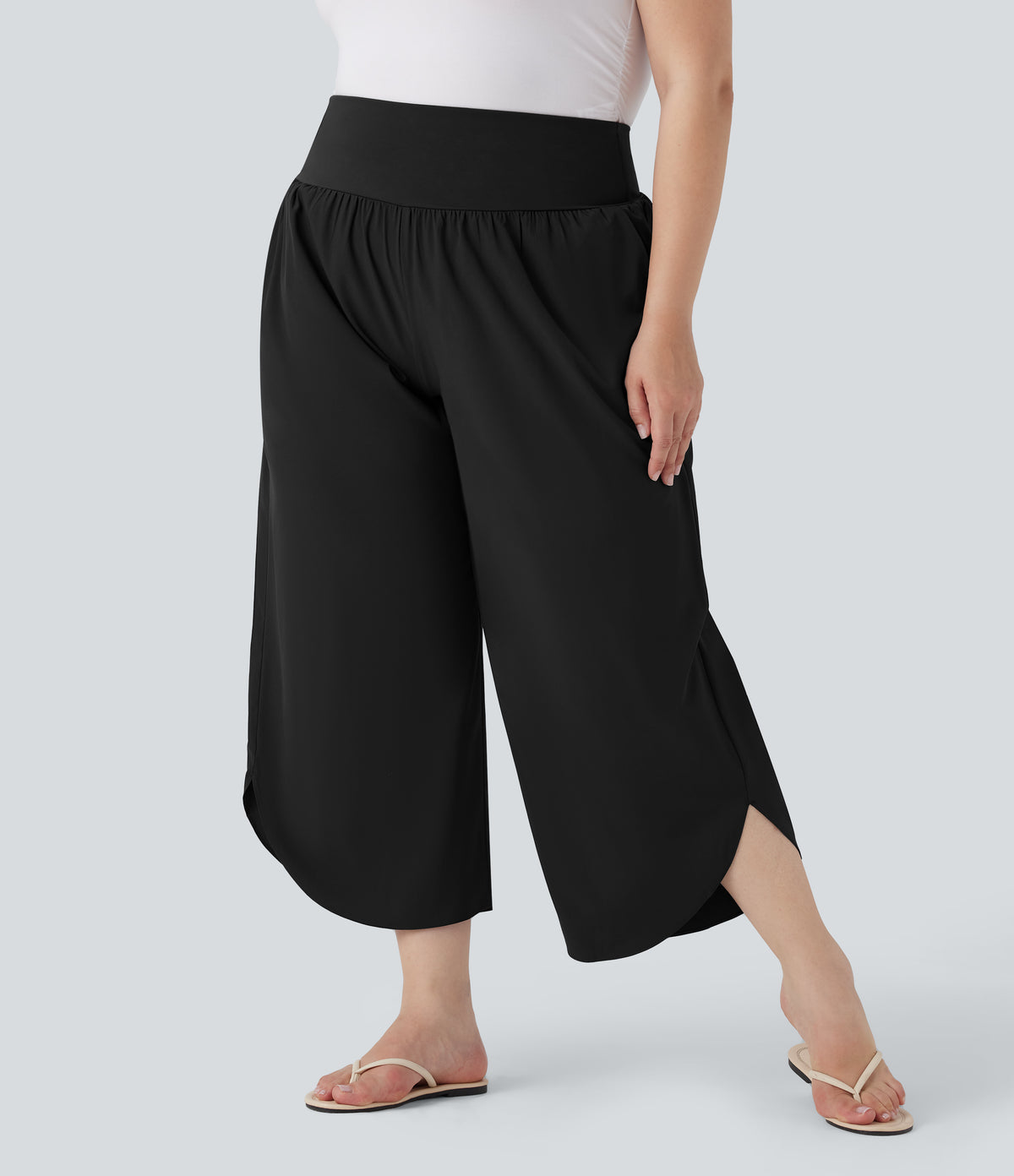 Plus Size High Waisted Tummy Control Hem Quick Dry Trousers with Pockets — Black — view 5