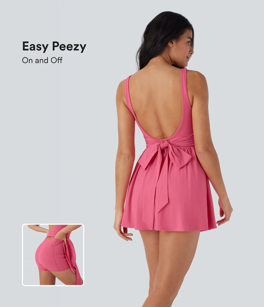 Backless Tie Back 2-in-1 Quick Dry Mini Dance Active Dress with Side Pocket-Edition — Pink Lemonade — view 1