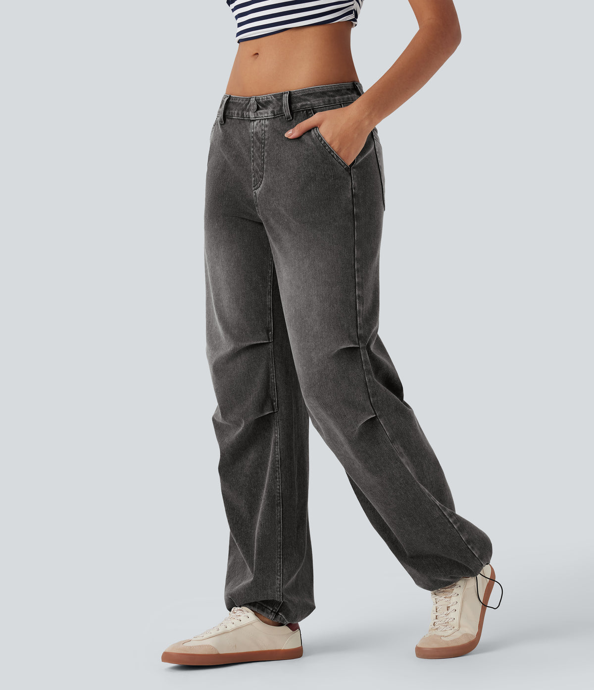 Low Rise Adjustable Drawcord Stretchy Knit Casual Parachute Jeans with Multiple Pockets — Poppy Seed Denim — view 6