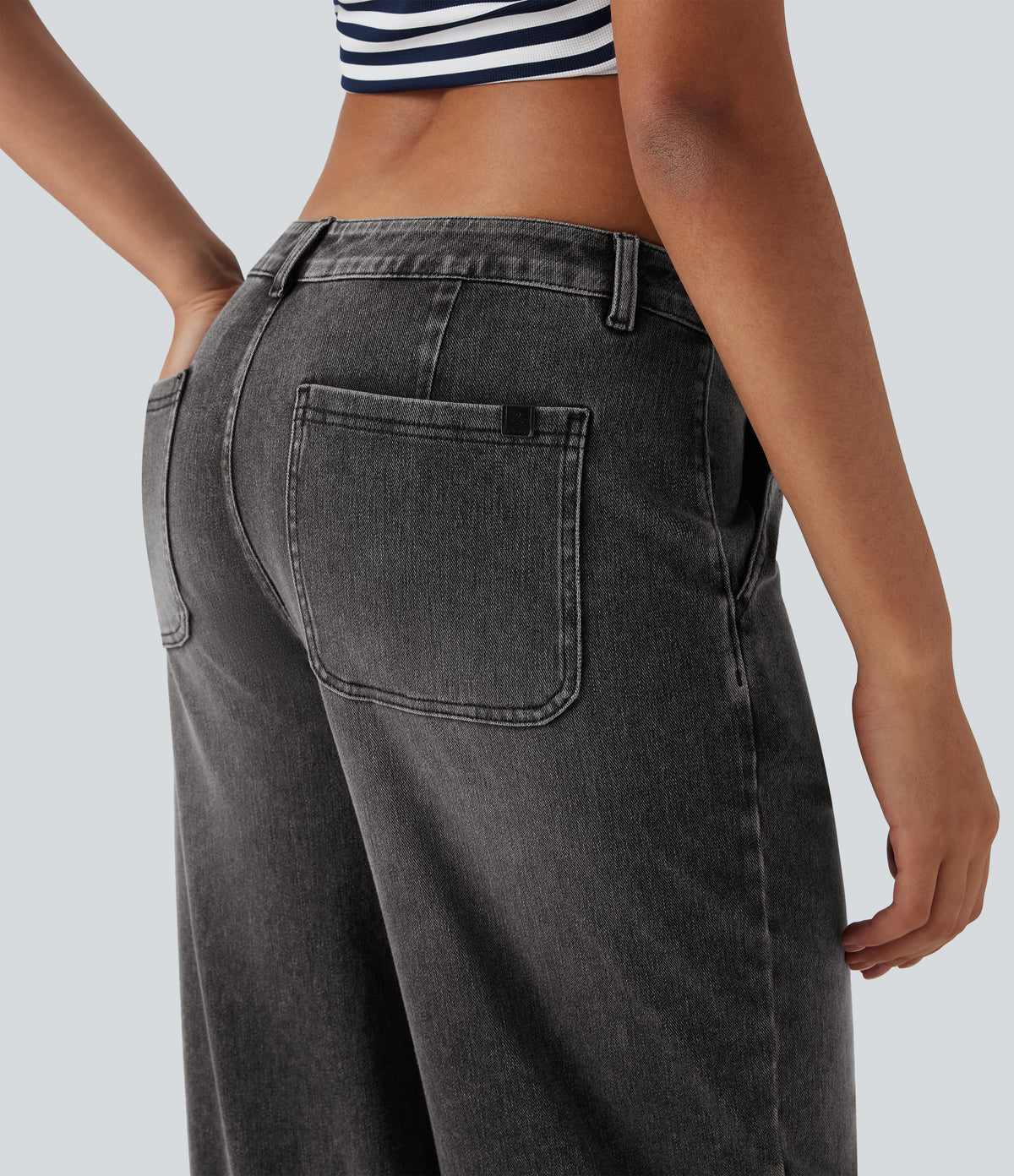 Low Rise Adjustable Drawcord Stretchy Knit Casual Parachute Jeans with Multiple Pockets — Poppy Seed Denim — view 7