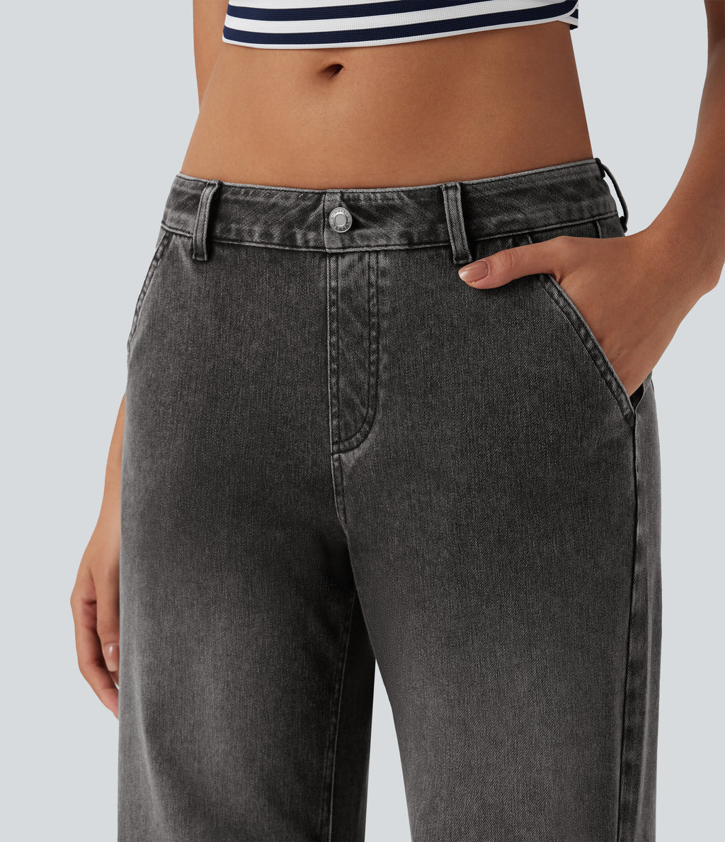 Low Rise Adjustable Drawcord Stretchy Knit Casual Parachute Jeans with Multiple Pockets — Poppy Seed Denim — view 8
