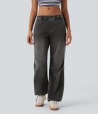 Low Rise Adjustable Drawcord Stretchy Knit Casual Parachute Jeans with Multiple Pockets — Poppy Seed Denim — view 2