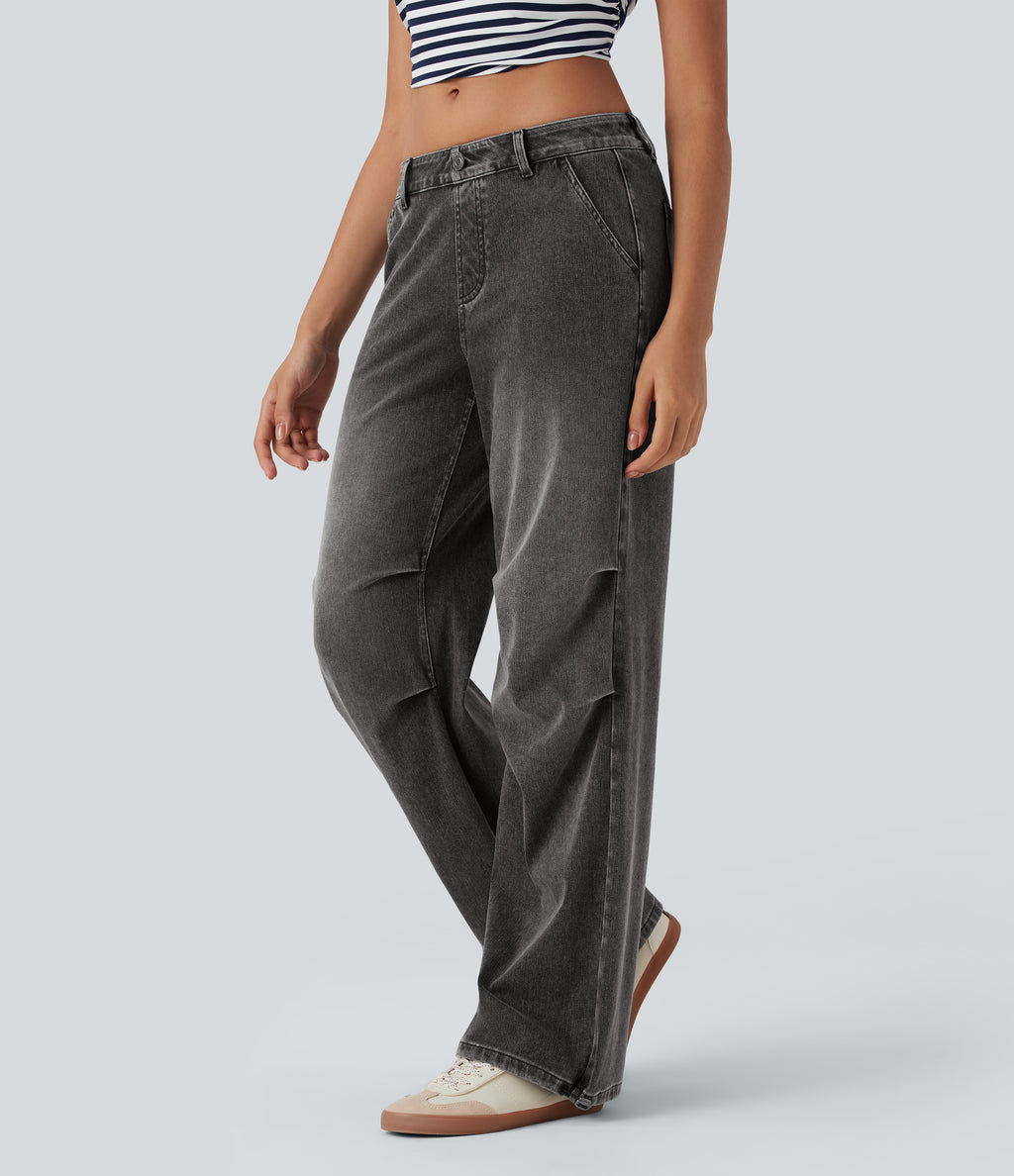Low Rise Adjustable Drawcord Stretchy Knit Casual Parachute Jeans with Multiple Pockets — Poppy Seed Denim — view 5