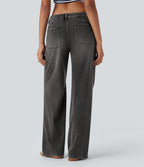 Low Rise Adjustable Drawcord Stretchy Knit Casual Parachute Jeans with Multiple Pockets — Poppy Seed Denim — view 3