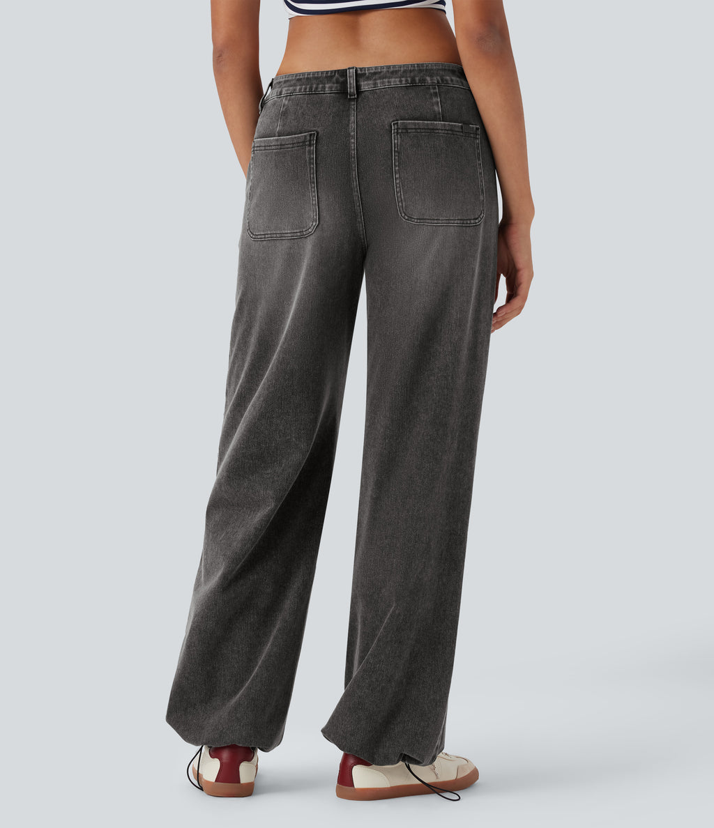 Low Rise Adjustable Drawcord Stretchy Knit Casual Parachute Jeans with Multiple Pockets — Poppy Seed Denim — view 4