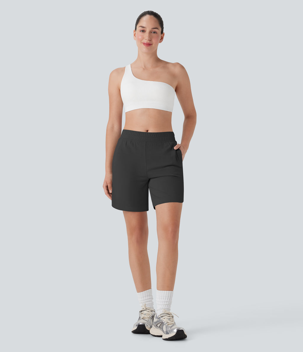 Mid Rise Side Pockets Curved Hem Yoga Bermuda Shorts — Black Oyster — view 7