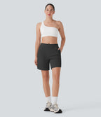 Mid Rise Side Pockets Curved Hem Yoga Bermuda Shorts — Black Oyster — view 7