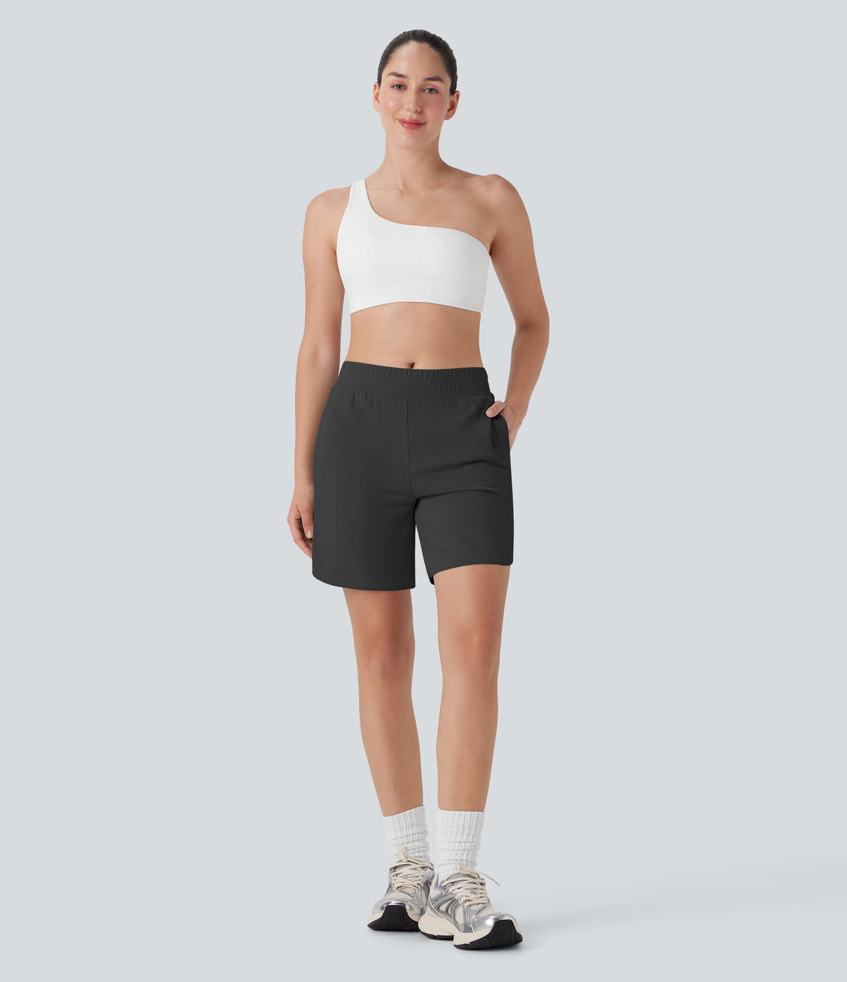 Mid Rise Side Pockets Curved Hem Yoga Bermuda Shorts — Black Oyster — view 7