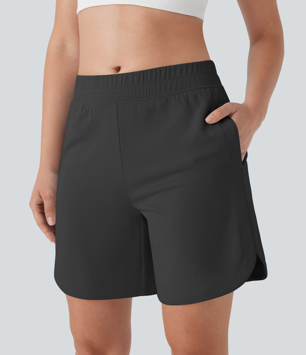 Mid Rise Side Pockets Curved Hem Yoga Bermuda Shorts — Black Oyster — view 4