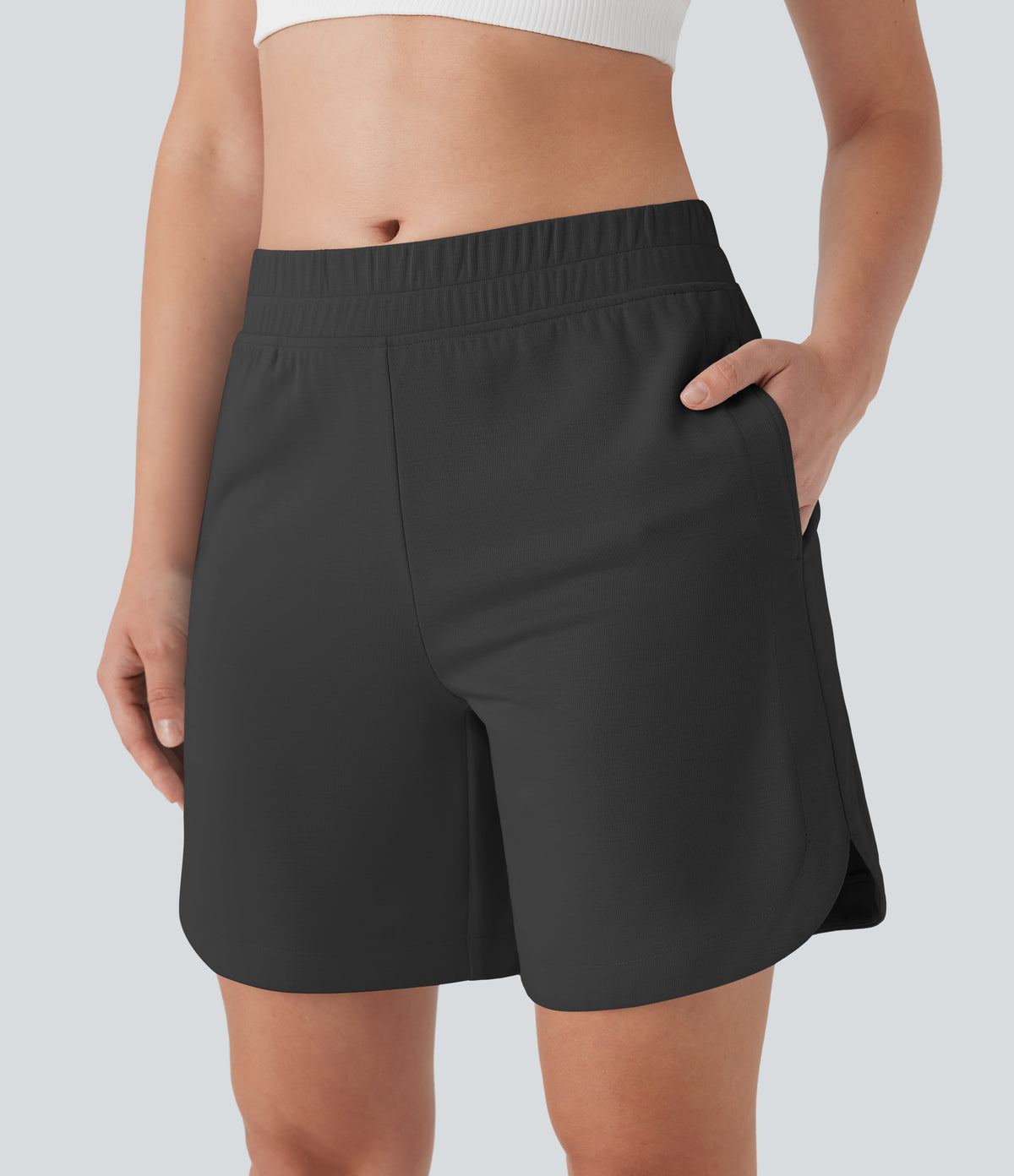 Mid Rise Side Pockets Curved Hem Yoga Bermuda Shorts — Black Oyster — view 4
