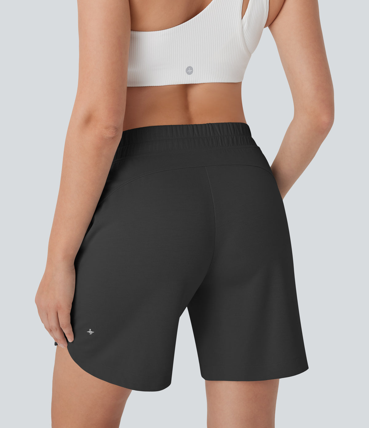 Mid Rise Side Pockets Curved Hem Yoga Bermuda Shorts — Black Oyster — view 5