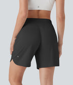 Mid Rise Side Pockets Curved Hem Yoga Bermuda Shorts — Black Oyster — view 2