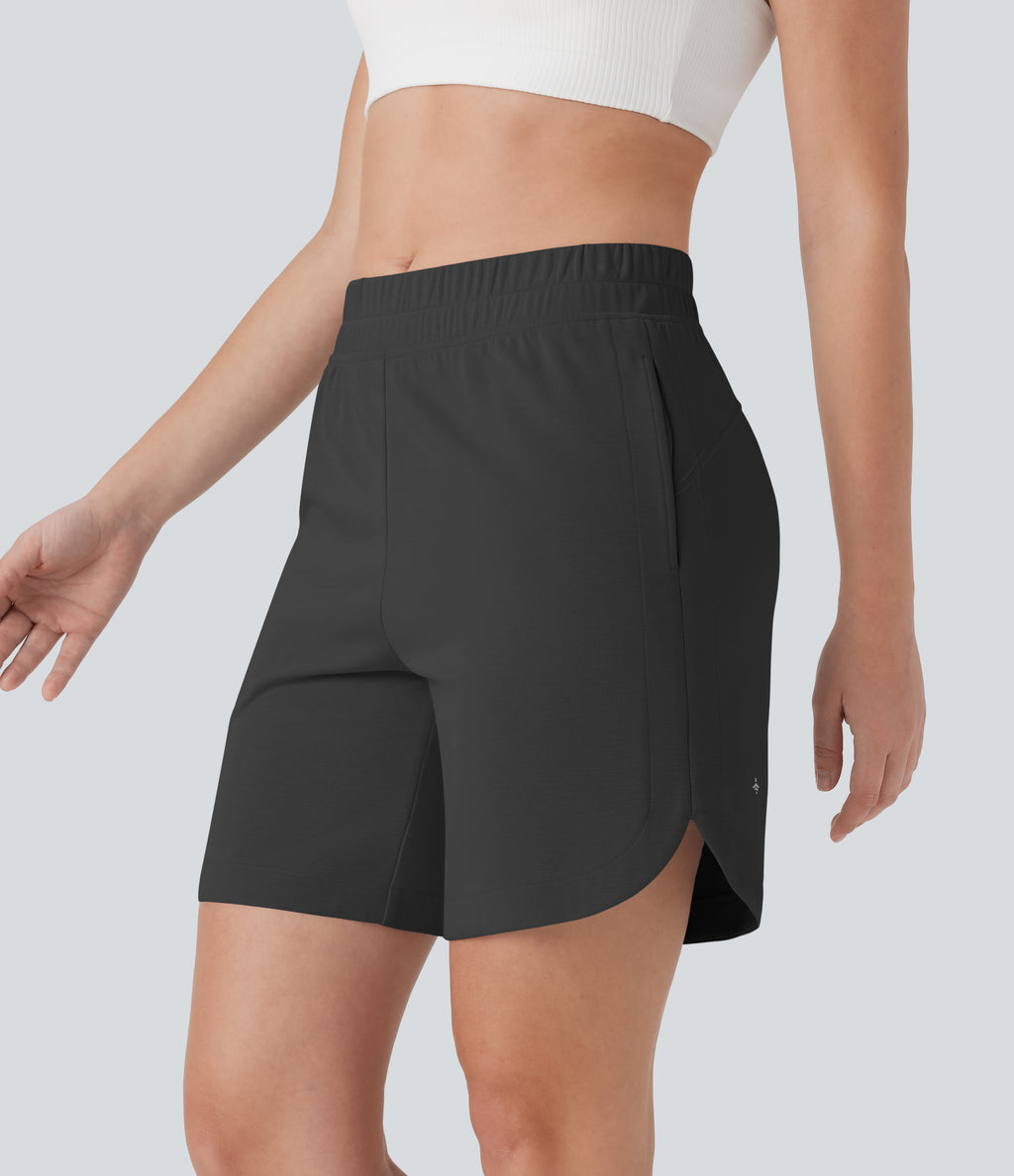 Mid Rise Side Pockets Curved Hem Yoga Bermuda Shorts — Black Oyster — view 6