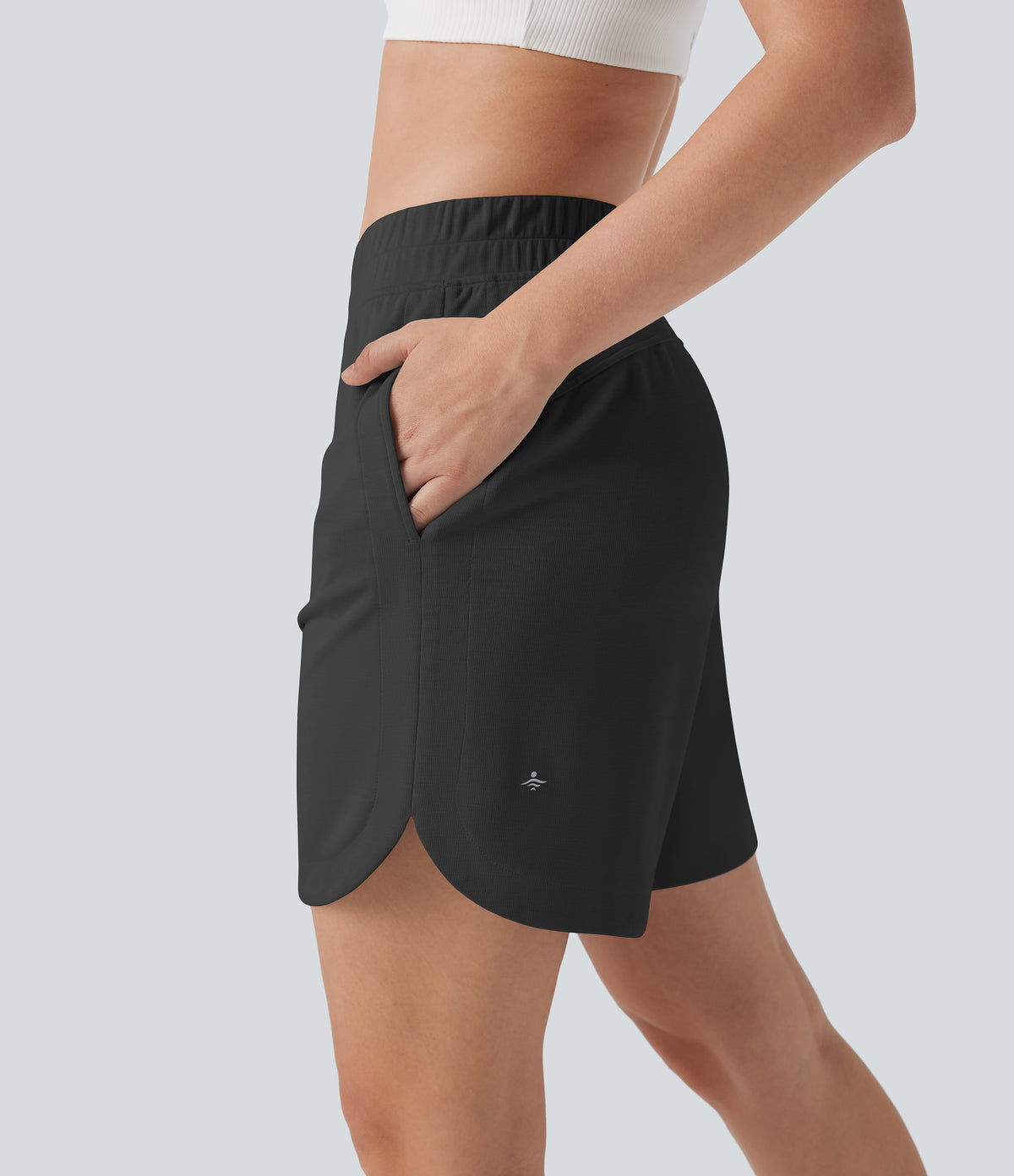 Mid Rise Side Pockets Curved Hem Yoga Bermuda Shorts — Black Oyster — view 3