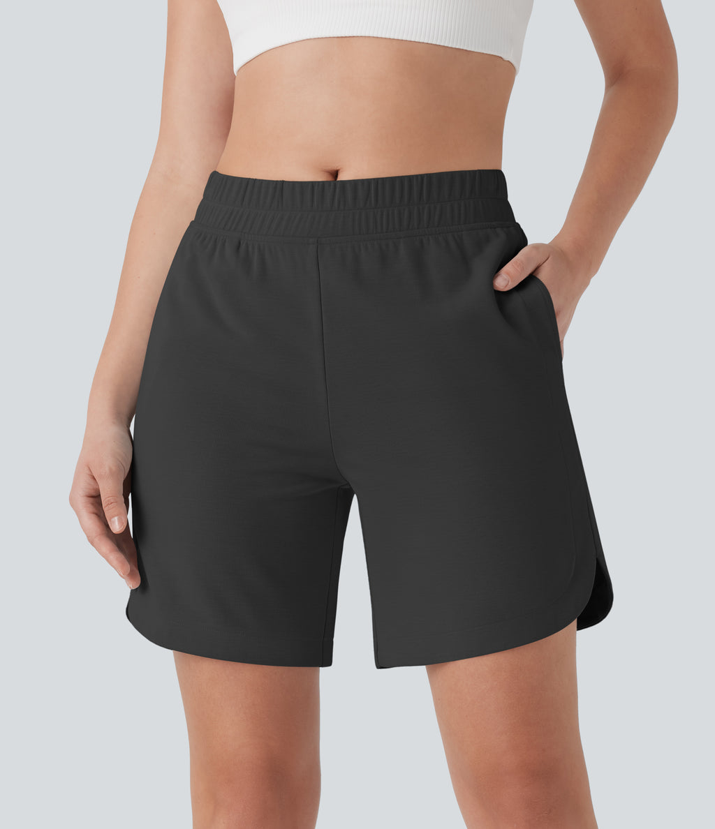Mid Rise Side Pockets Curved Hem Yoga Bermuda Shorts — Black Oyster — view 1