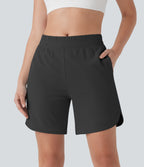 Mid Rise Side Pockets Curved Hem Yoga Bermuda Shorts — Black Oyster — view 1