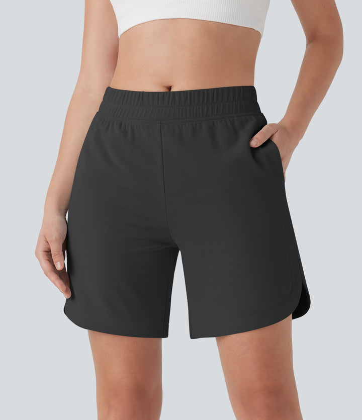 Mid Rise Side Pockets Curved Hem Yoga Bermuda Shorts — Black Oyster — view 1