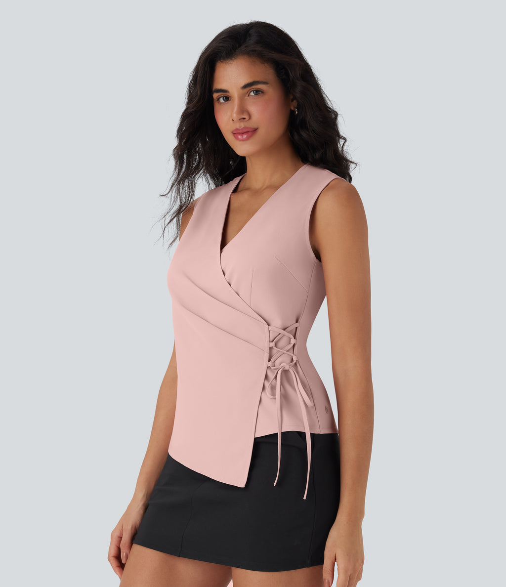 V Neck Wrapped Crisscross Lace Up Work Tank Top — Peachskin — view 3
