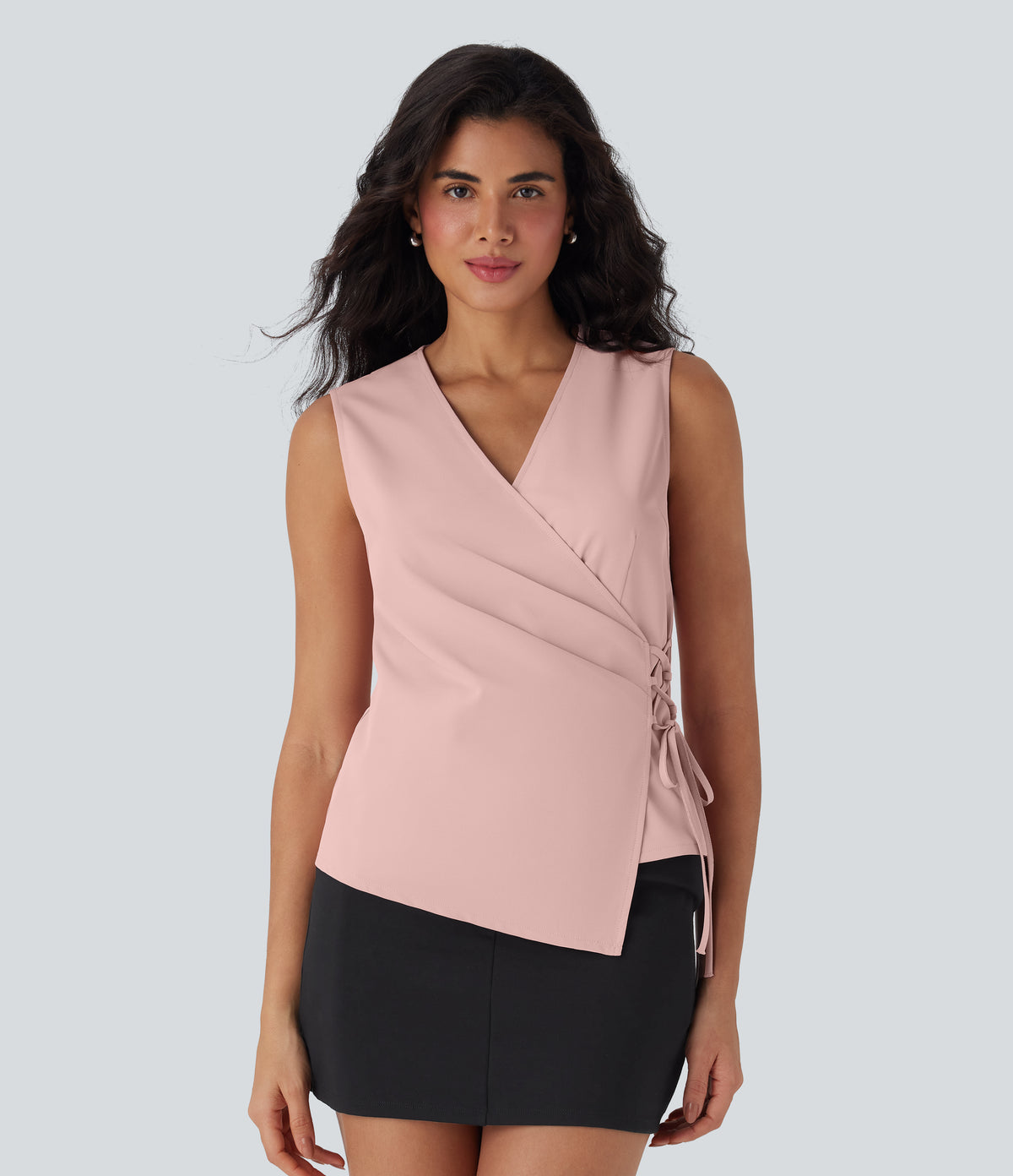 V Neck Wrapped Crisscross Lace Up Work Tank Top — Peachskin — view 1