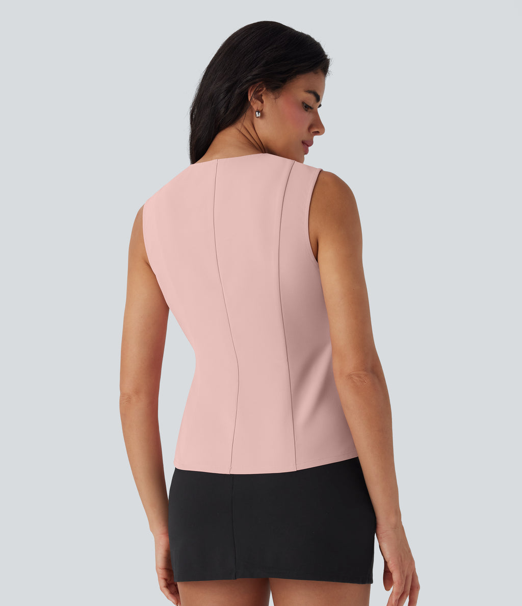 V Neck Wrapped Crisscross Lace Up Work Tank Top — Peachskin — view 2