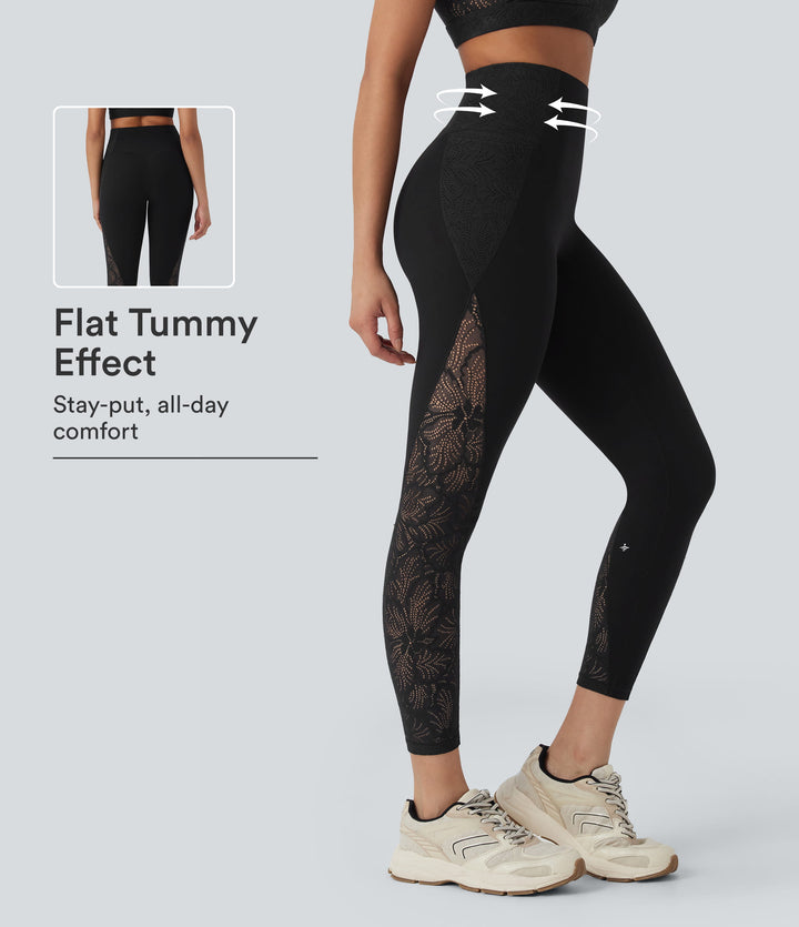 High Waisted Tummy Control Contrast Lace Shaping Training Leggings with Pockets — Black — view 1