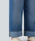 Plus Size High Waisted Wide Leg Rolled Hem Washed Stretchy Knit Casual Jeans with Pockets — Blue Spruce Denim — view 7