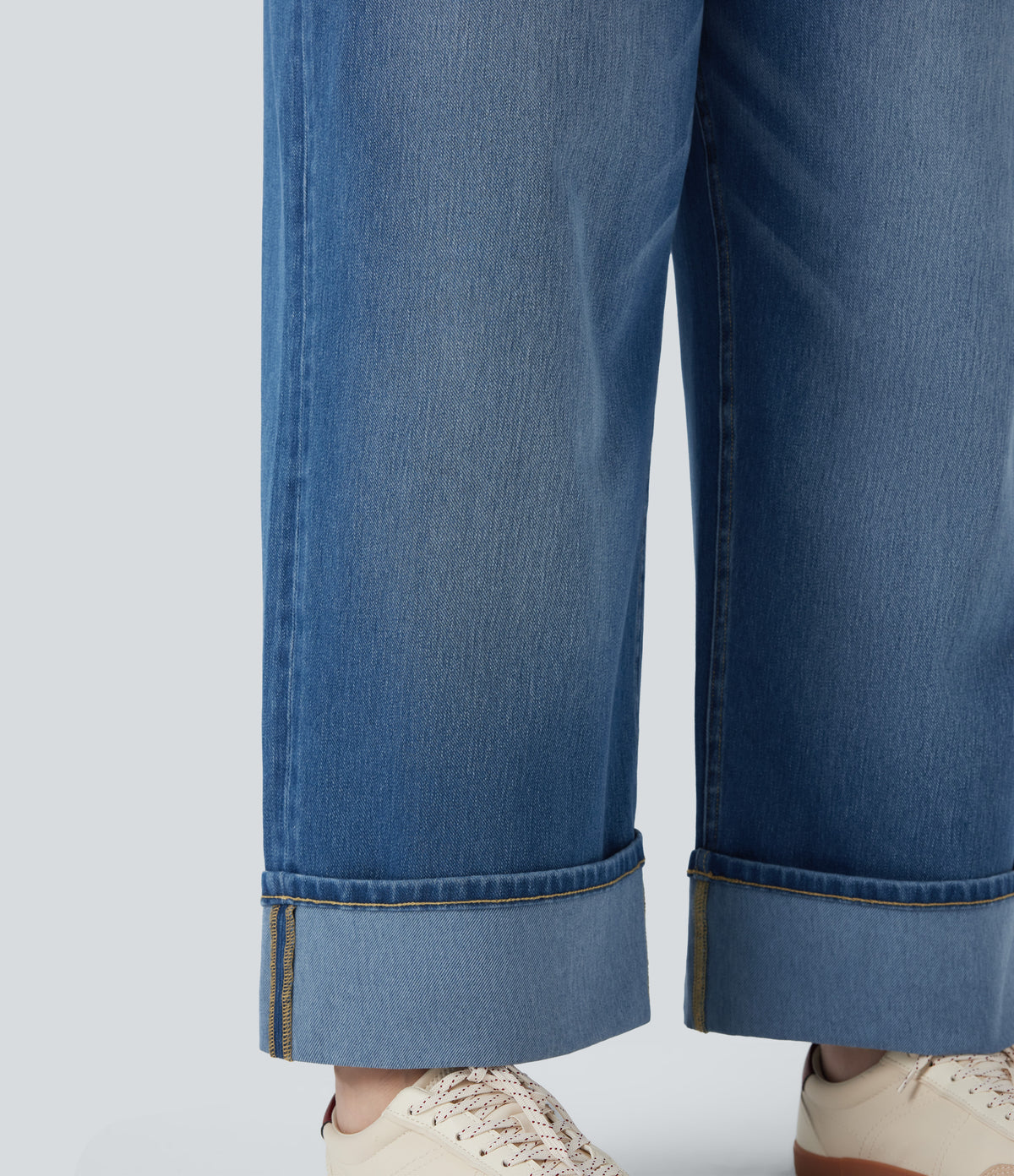 Plus Size High Waisted Wide Leg Rolled Hem Washed Stretchy Knit Casual Jeans with Pockets — Blue Spruce Denim — view 7